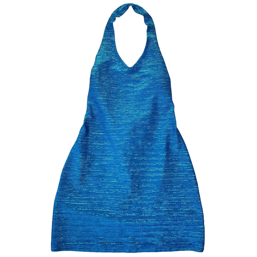 Vtg Y2k Aqua Blues Halter‎ Dress Womens L Mini Preppy Party 2000s Bratz USA Made